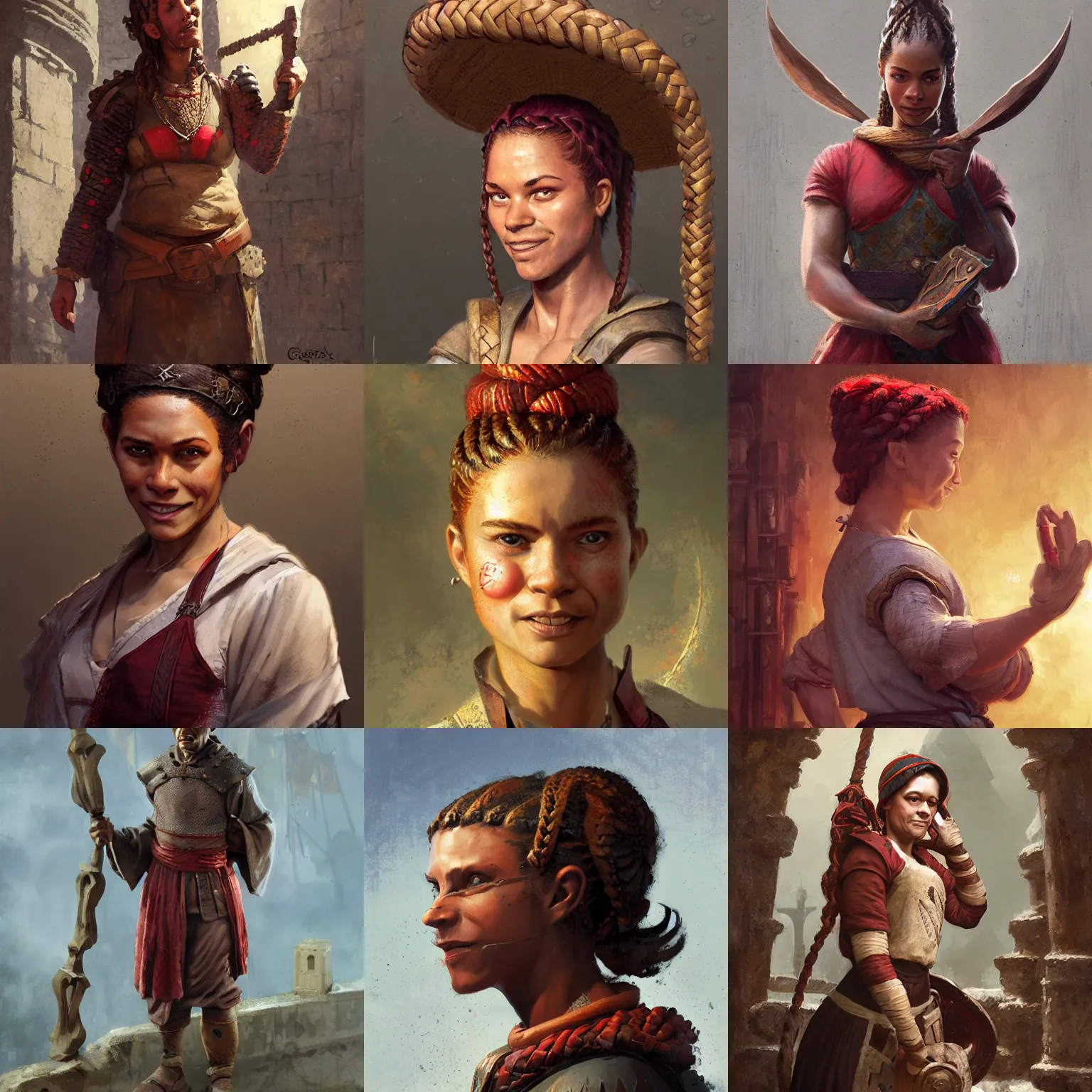 Prompt: a medieval shopkeeper from Trinidad, female, crimson single french braid bun, sarcastic and friendly, athletic crossfit build, smirking, fantasy character portrait by Greg Rutkowski, Craig Mullins