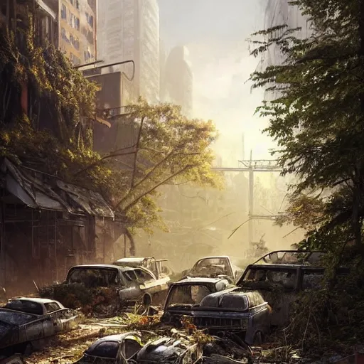 Image similar to postapocalyptic city of munic!!!, wild forest!!! vegetation!!!, small rubble!!, rusty bmw cars!!, hyperrealistic, highly detailed, cinematic, sunny light, beautiful, cgssociety, artstation, 8 k, oil painting by greg rutkowski, by artgerm, by wlop