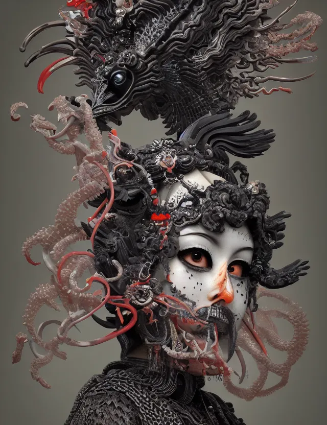 Image similar to 3 d goddess of hell close - up profile portrait with ram skull. beautiful intricately detailed japanese crow kitsune mask and clasical japanese kimono. betta fish, jellyfish phoenix, bio luminescent, plasma, ice, water, wind, creature, artwork by tooth wu and wlop and beeple and greg rutkowski