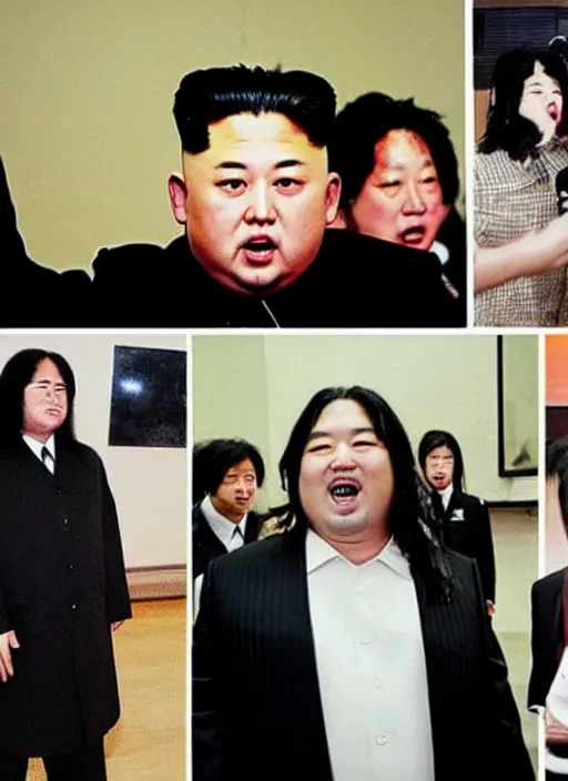 Prompt: “Kim Jong-Un with long hair singing in a death metal band.”