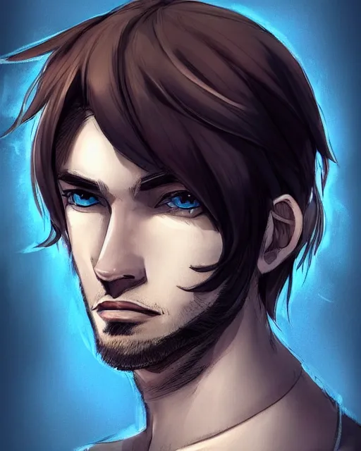 Image similar to face of a masculine 3 0 year old man empeoror with thin face lines, have mi - long brown hair and blue eyes ( completely blue, without white, just blue ), very beautiful portrait, low angle, realistic anime style and perfect art, trending on artstation, good and dramatic lighting