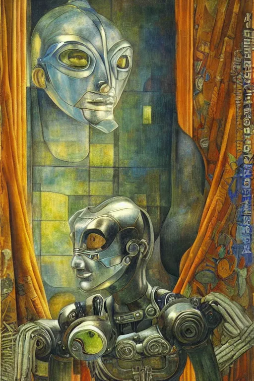 Image similar to the queen in her robot mask stands by the window, by Annie Swynnerton and Diego Rivera and Elihu Vedder, symbolist, dramatic lighting, elaborate geometric ornament, Art Brut, soft blues and greens,smooth, sharp focus, extremely detailed, Adolf Wölfli and Evelyn De Morgan