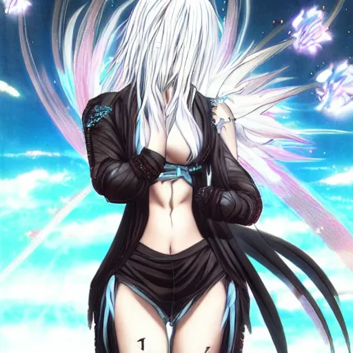 Image similar to anime god by yoshitaka amano : 5 black skin, soft white hair : 5