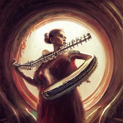 Image similar to stunning portrait of 32 weeks unborn baby argonaut Orpheus playing a lyre, painting by Raymond Swanland, cyberpunk, sci-fi cybernetic implants hq