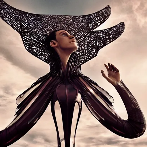 Prompt: a slim athletic beautiful male wearing a iris van herpen outfit in a cinematic still with the sky as background, tarsem singh art movie