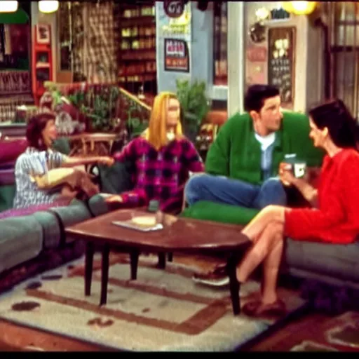 Image similar to still image from friends season 3 coffee shop green couch small cosy new york, by dr. suess