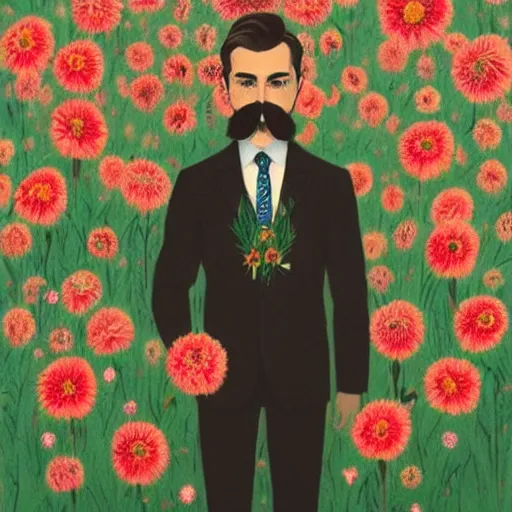 Image similar to portrait of a man with a moustache standing in front of flowers, tumblr contest winner, aestheticism, masculine, aesthetic, ilya kuvshinov