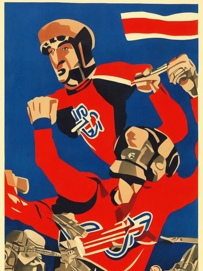 Image similar to russian war propaganda poster of alex ovechkin by miguel covarrubias