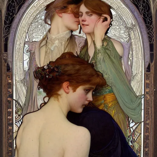 Prompt: a detailed, intricate art nouveau portrait painting of a girl who resembles sad, grieving 1 8 - year - old saoirse ronan and emma watson crying together and consoling one another, by alphonse mucha, donato giancola, and john william waterhouse