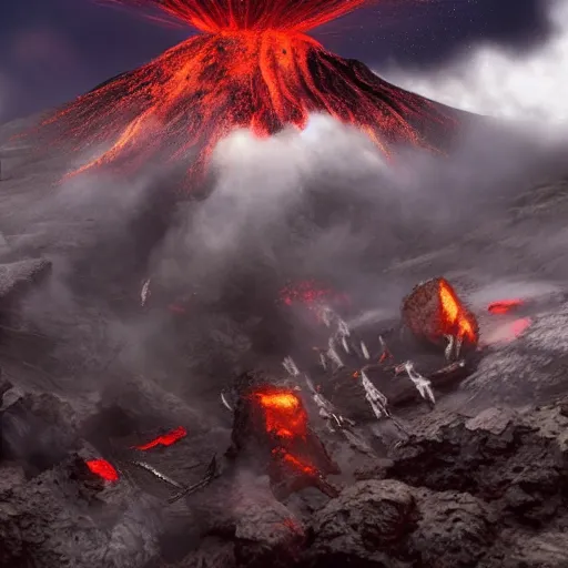 Image similar to mechanized beings coming out of active volcano, hyper realistic, trending on artstation