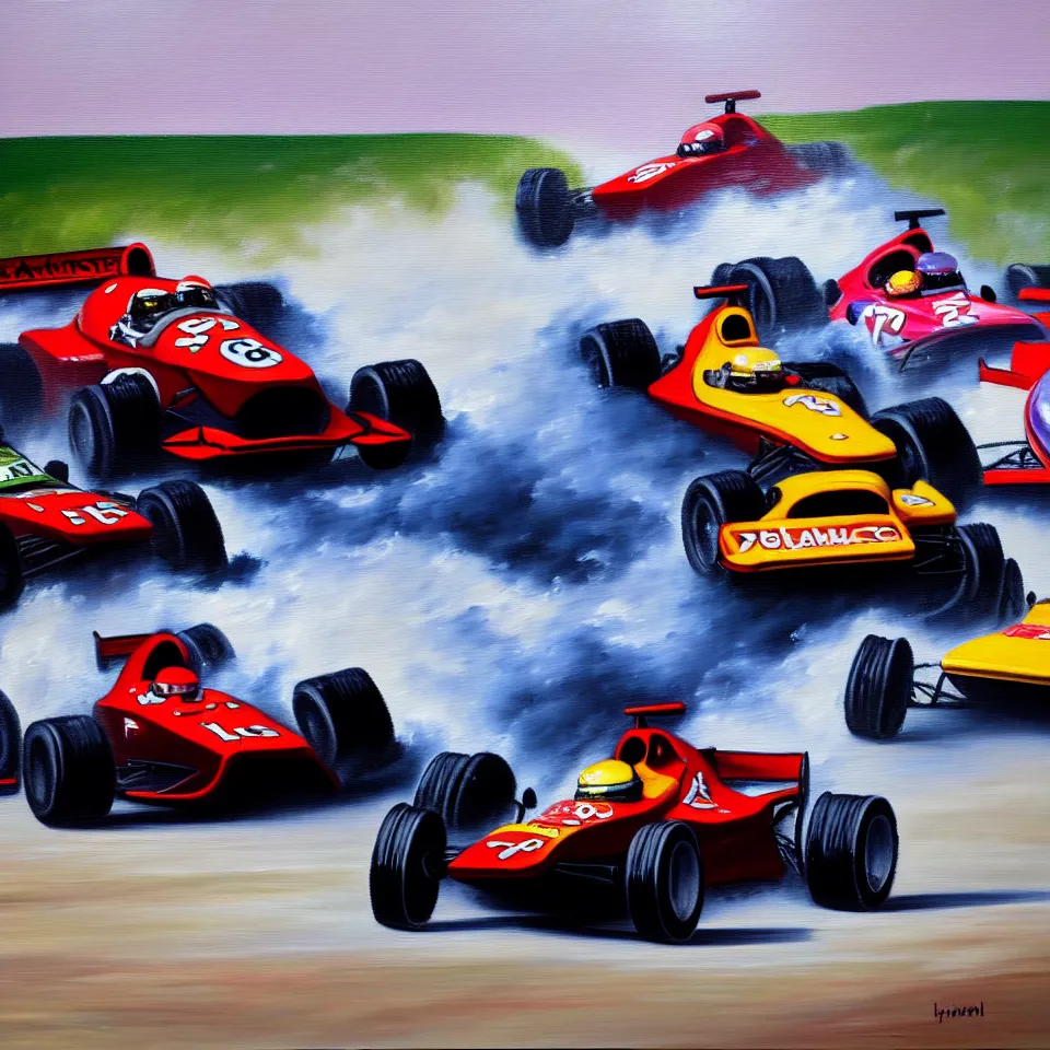 Image similar to a oil painting of a car racing