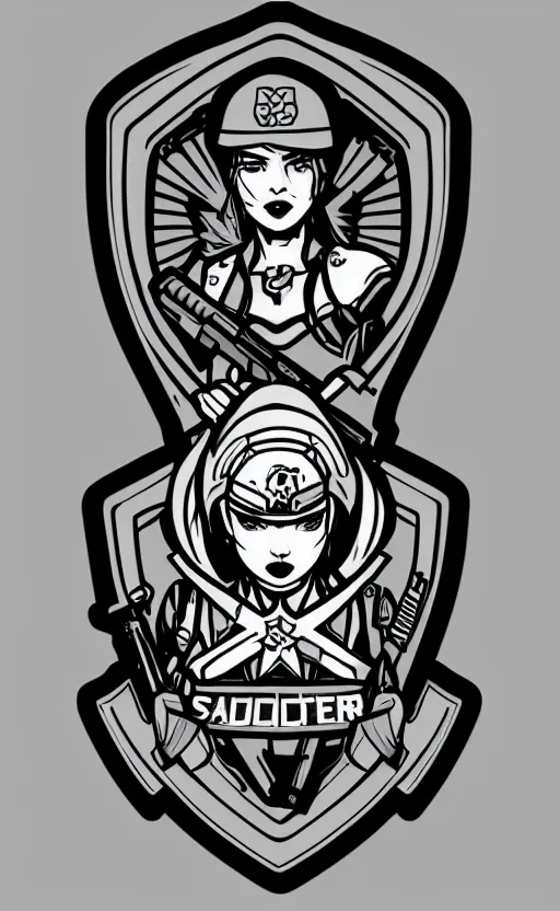 Prompt: patch design, soldier girl, by shibafu, illustration, artstation, insignia, soldier clothing, military gear, vector line art