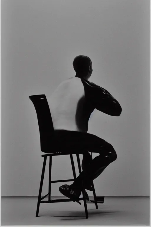 Image similar to a minimalist portrait of Marcel Duchamp connected to an ancient machine in the style of Annie Leibovitz, Irving Penn, Hito Steyerl, Shinya Tsukamoto, Saâdane Afif, Pieter Hugo, Shrigley line drawing and 35mm film, wide angle, monochrome, futuristic tetsuo