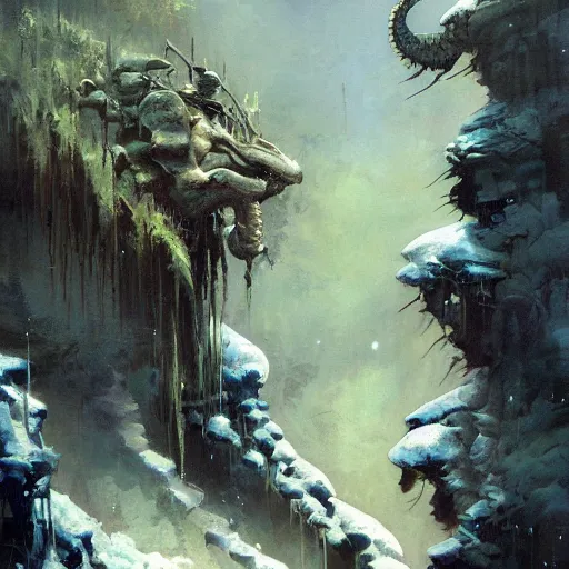 Prompt: a beautiful painting by frazetta, trending on artstation, artstation A beautiful matte painting about a seahorse made out of ferns and fractal patterns, covered in snow leopard, cyberpunk fabric, still life