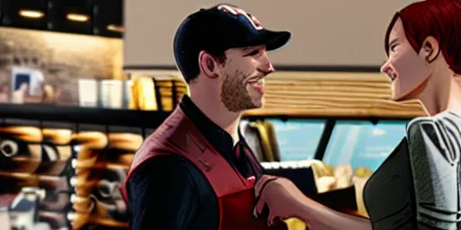 Image similar to bucky barnes and natasha romanoff working at starbucks, coworkers, starbucks aprons and visors, daytime, at the counter, laughing, warmth, friendship, cinematic, ambient lighting, octane, 8k