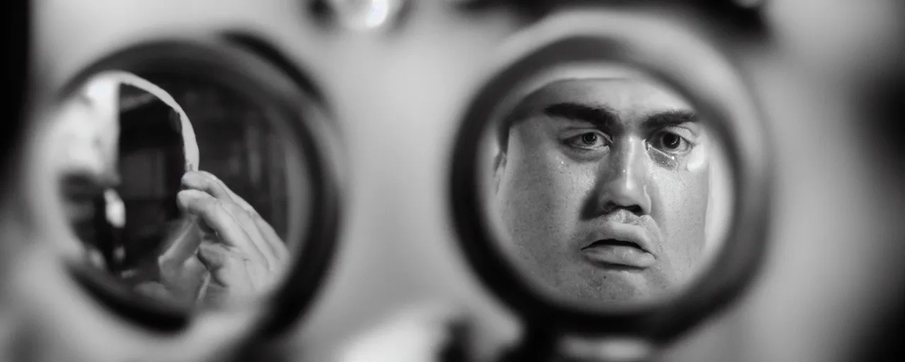 Image similar to a man with a face of a hamburger staring at himself in the mirror, while crying, canon 5 0 mm, cinematic lighting, photography, retro, film, kodachrome, closeup