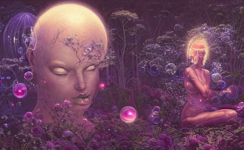 Prompt: a neoclassicist close - up portrait of a big - eyed otherworldly alien girl meditating with plants and flowers in a garden at night with glowing bubbles. reflective textures. glowing fog. highly detailed fantasy science fiction painting by moebius, norman rockwell, frank frazetta, and syd mead. rich colors, high contrast, gloomy atmosphere, dark background. artstation