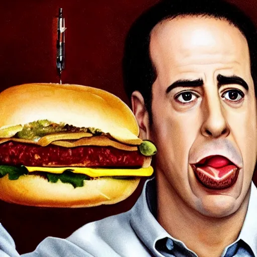 Image similar to hyper realistic portrait of jerry seinfeld eating a disgustingly juicy hamburger