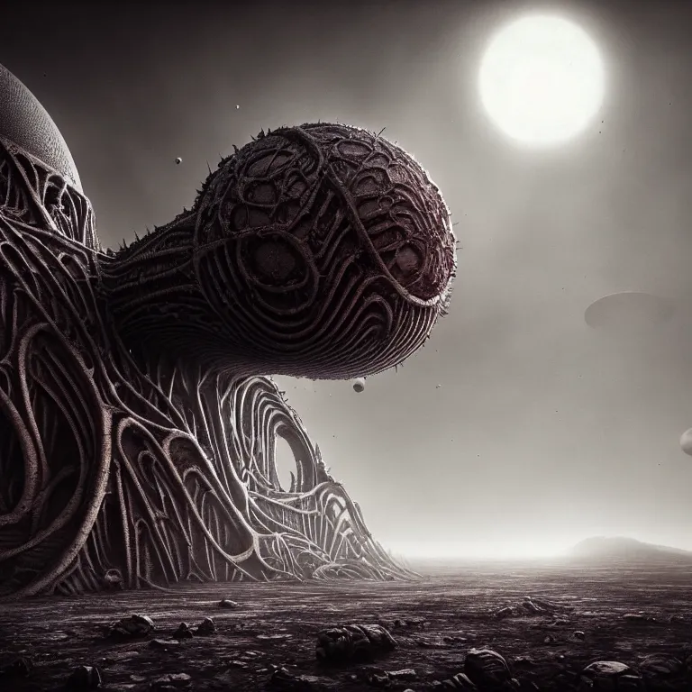 Prompt: ribbed surreal organic abandoned spinal alien spaceship on exoplanet, in a desolate empty wasteland, creepy, nightmare, dream-like heavy atmosphere, surreal abandoned buildings, beautiful detailed intricate insanely detailed octane render trending on Artstation, 8K artistic photography, photorealistic, chiaroscuro, Raphael, Caravaggio, Beksinski, Giger