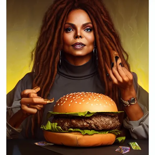 Prompt: portrait of janet jackson eating a mammoth hamburger, extra pickles and onions, ethereal, handsome, d & d, fantasy, intricate, elegant, highly detailed, digital painting, artstation, concept art, matte, sharp focus, illustration, art by artgerm and greg rutkowski and alphonse mucha