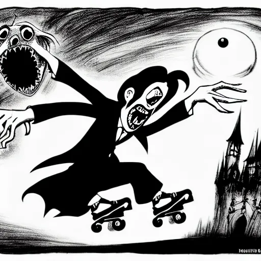 Image similar to black and white trippy comic art of dracula the vampire roller skating on roller skates, drawn by martin rowson, tim burton, studio ghibli, alex pardee, nekro petros afshar, james mcdermott, surrealist, cgsociety 4 k