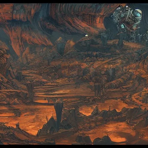 Image similar to epic landscape of planet cocytus from the game the dig, lucasarts, twilight, alien planet, bill tiller style, detailed