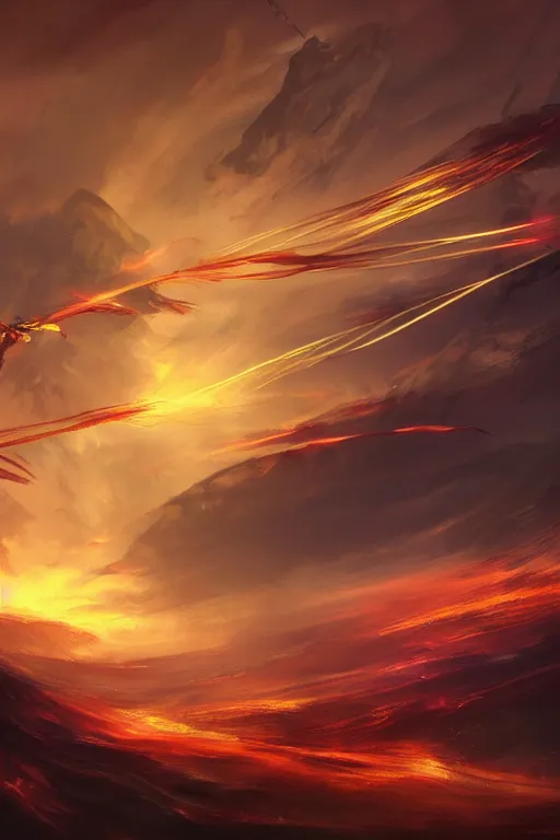 Prompt: breathtaking digital painting of swords flying in golden clouds, numerous blades in dynamic movement, strokes of mist and scarlet ribbons, german romanticism style, volumetric lighting, concept art, matte, sharp focus, art by celestialfang, matchach, juanmao, dustin panzino, trending on artstation