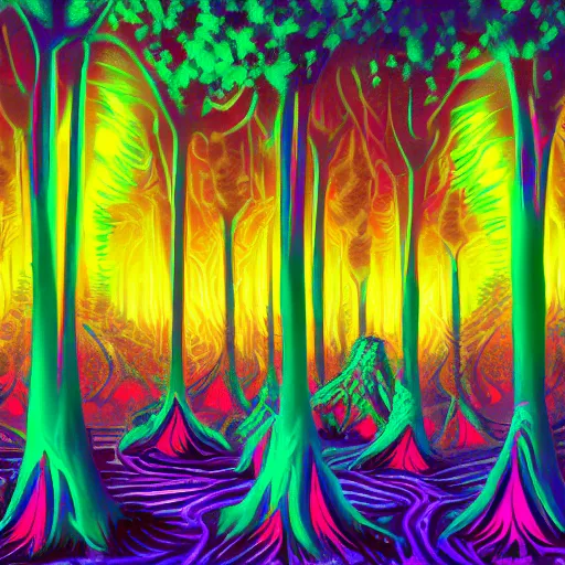 Prompt: synthwave mystic mushroom forest, sunbeams, psychedelic colors, digital painting