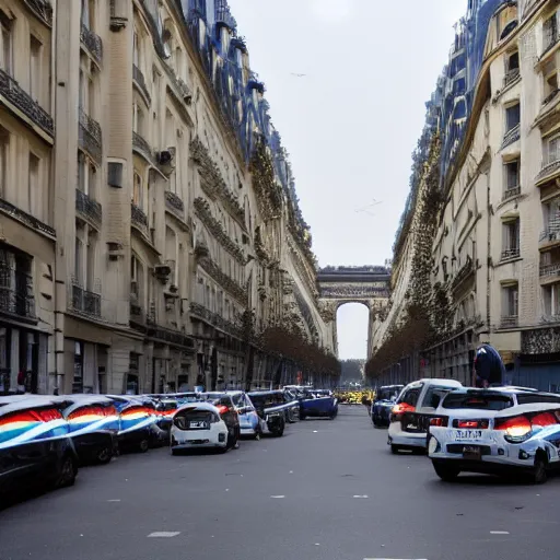 Image similar to a photo of several french police cars parked in a paris street in the morning