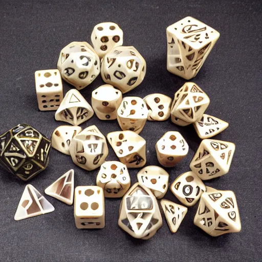 Prompt: set of d20 carved out of ancient spinal vertebrae, bones, dice, dungeons and Dragons, high gloss magazine shoot,