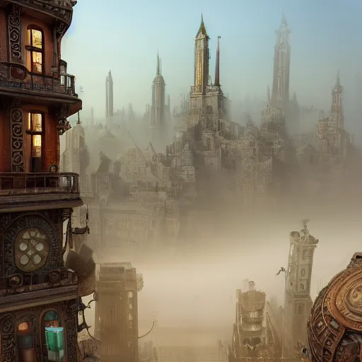 Image similar to highly detailed steampunk city designed by salvador dali, photorealistic, 3d, rendered in octane, volume light, fog, 8k, artstation