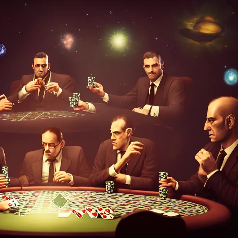Prompt: Three mafiosi playing poker in open cosmos, star systems are visible in the background. Extremely high details, realistic, fantastic octane render, cinematic, hyperrealism, 8k, masterpiece