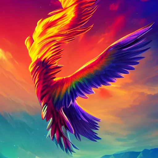 Prompt: artwork of a phoenix, highly detailed, artstation, rainbow colors, night sky background, smooth illustration, digital art, unreal engine