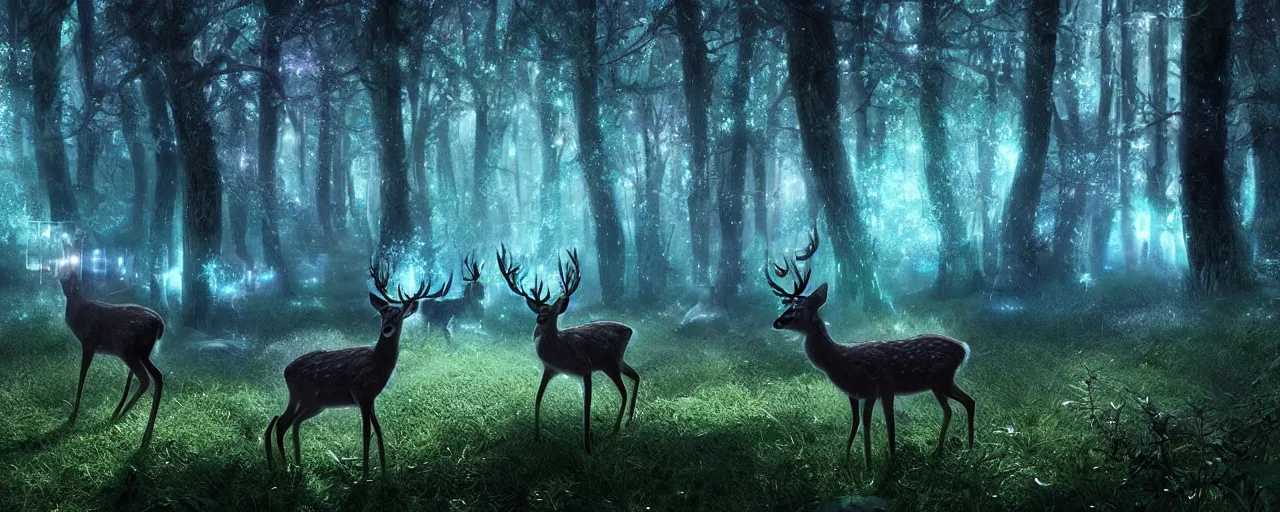 Prompt: deer in an ethereal electronic forest made from glowing circuits and electronics, highly detailed concept art, 3 d, dark, moody, led