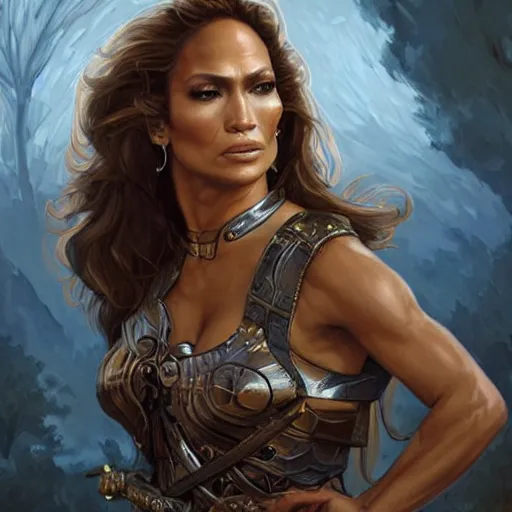 Prompt: portrait of Jennifer Lopez as a warrior woman, looking at camera, D&D, intricate, elegant, stylish, cute smile, mouth slightly open, fantasy, extremely detailed, digital painting, artstation, concept art, smooth, sharp focus, illustration, stunning lighting, art by artgerm and greg rutkowski and alphonse mucha and simon stalenhag.