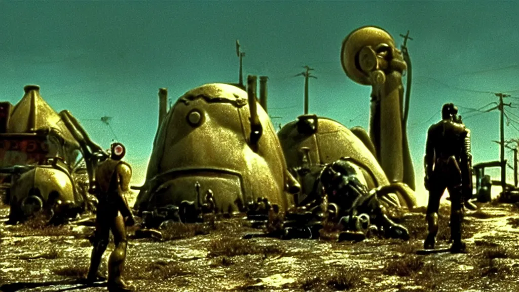 Image similar to fallout 2, film still from the movie directed by Denis Villeneuve with art direction by Salvador Dalí, wide lens, 1975