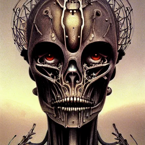 Prompt: a portrait of a beautiful biomechanical queen of necropolis, horror concept art by giger and beksinski and szukalski, digital art, highly detailed, intricate, sci-fi, sharp focus, Trending on Artstation HQ, deviantart, unreal engine 5, 4K UHD image
