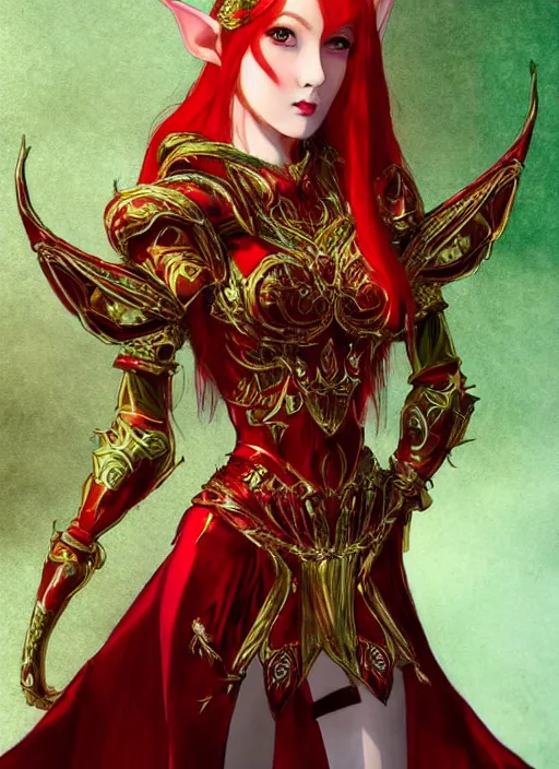 Image similar to Full body portrait of a beautiful red haired elven queen wearing red, green and gold queen dress and elaborate golden crown, bored look. In style of Yoji Shinkawa and Hyung-tae Kim, trending on ArtStation, dark fantasy, great composition, concept art, highly detailed.