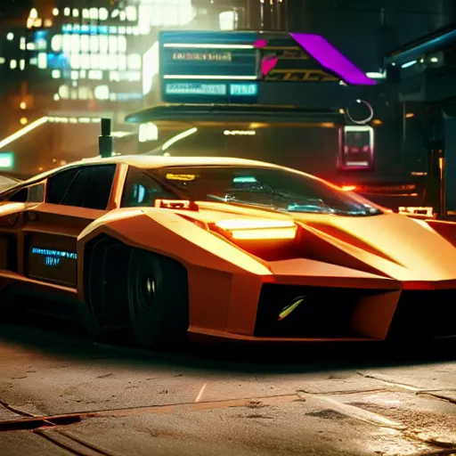 Image similar to Cyberpunk 2077 super car, cinematic lighting, 8k, high resolution, hyper-detailed ,beautiful, hyper realistic