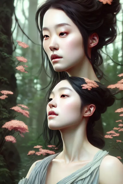 Image similar to beautiful digital painting of a hoyeon jung as a stylish female forest with high detail, 8 k, stunning detail, works by artgerm, greg rutkowski and alphonse mucha, unreal engine 5, 4 k uhd