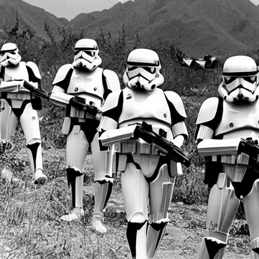 Image similar to star wars clone troopers offer aid to soldiers in vietnam, photo, old picture, lush landscape, field, firearms, war, bombs,