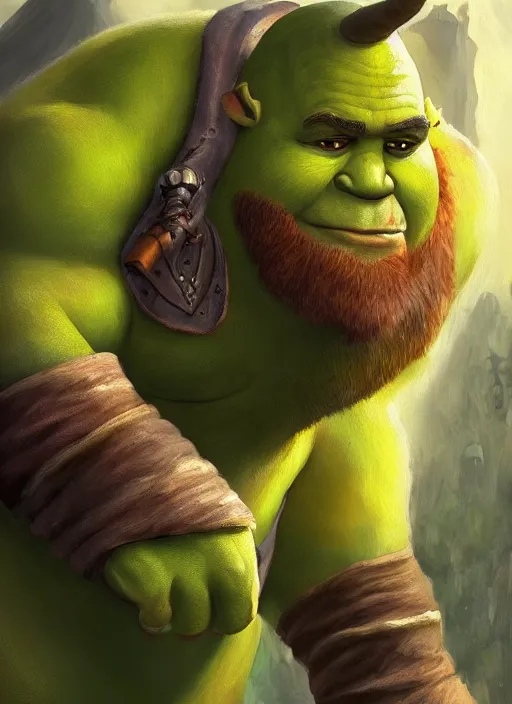 Image similar to dramatic oil painting of full body shrek as thrall from world of warcraft, artstation, shrek, epic, dramatic,