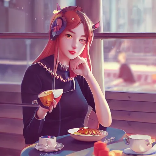 Prompt: lofi girl in the cafe, stylized, artgerm, artstation, hd, cgsociety, cgi, realistic, dramatic, cinematic, artistic, trending, detailed