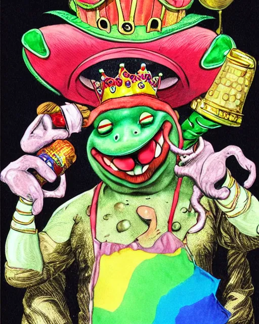 Image similar to Clown Frog King popping champagne at the roulette table, clown frog king wearing clown makeup and rainbow wig, clown crown artwork by Glenn Fabry and Kentaro Miura