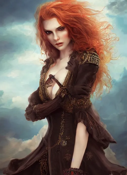 Image similar to a beautiful woman pirate clothes, 8 k, sensual, hyperrealistic, hyperdetailed, beautiful face, long ginger hair windy, dark fantasy, fantasy portrait by laura sava