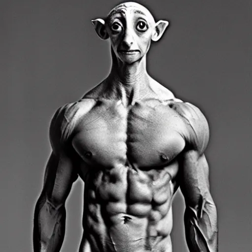 Image similar to Dobby is a jacked muscle builder gigachad, grayscale photography