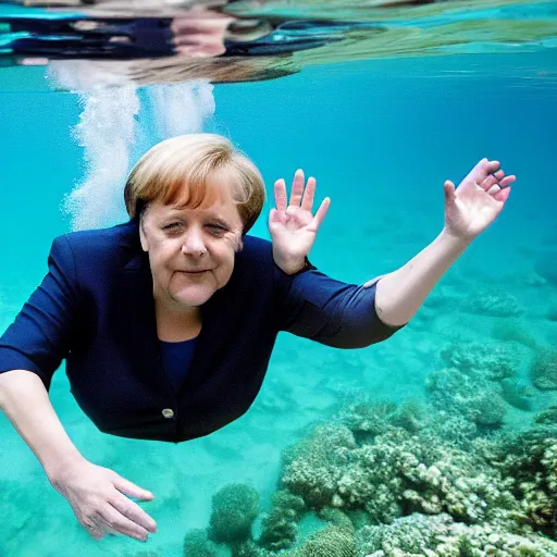 Prompt: angela merkel under water dives through a coral reef, 8k photography