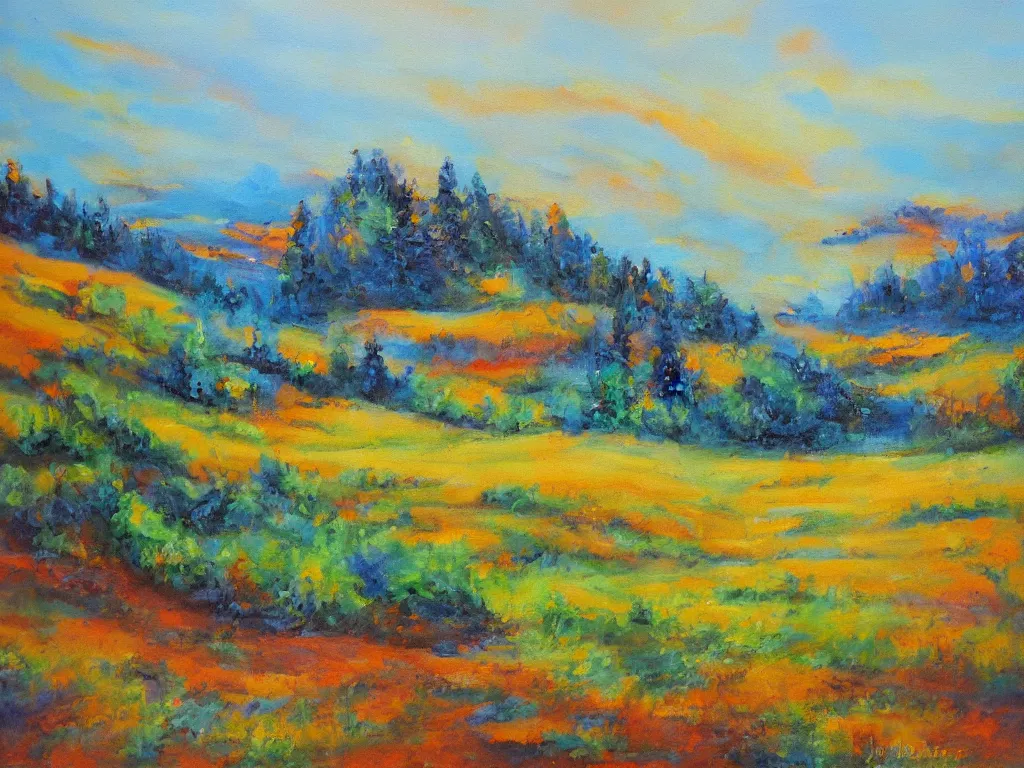 Prompt: a beautiful landscape painting by julie hart beers, trending on arstation