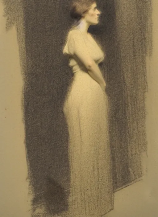 Image similar to study of a standing woman by george howard hilder. 1 9 0 5. charcoal on paper.