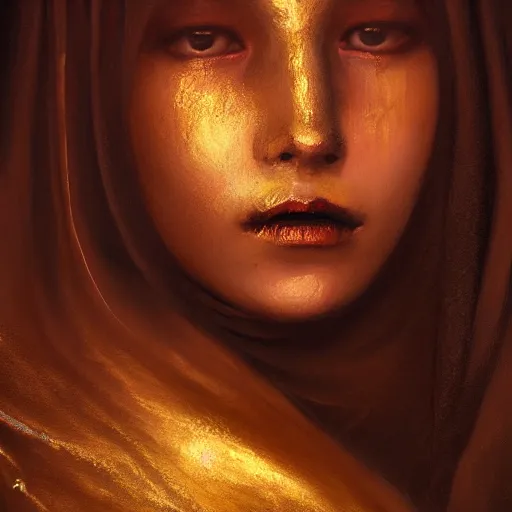 Image similar to a portrait of a young woman wearing a long dark cloak, hood and shadows covering face, holding golden chains, oil painting, matte painting, black background, Volumetric Golden dappled dynamic lighting, Highly Detailed, Cinematic Lighting, Unreal Engine, 8k, HD, by Beksinski